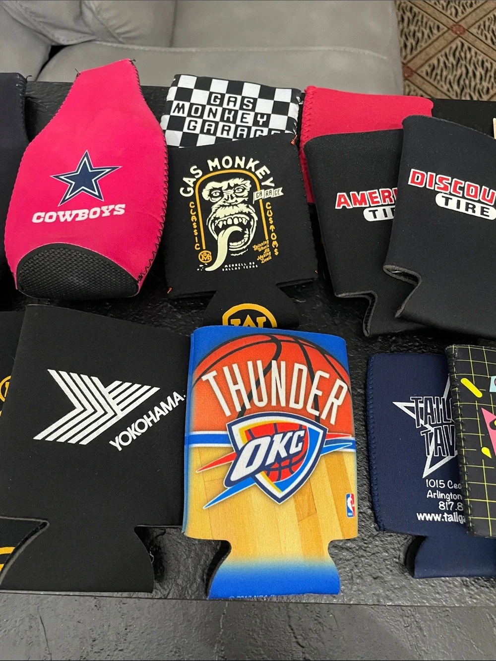 Lot- 21 assorted drink coozies Black/Pink Cowboys Thunder Eskimo Joes Gas Monkey
